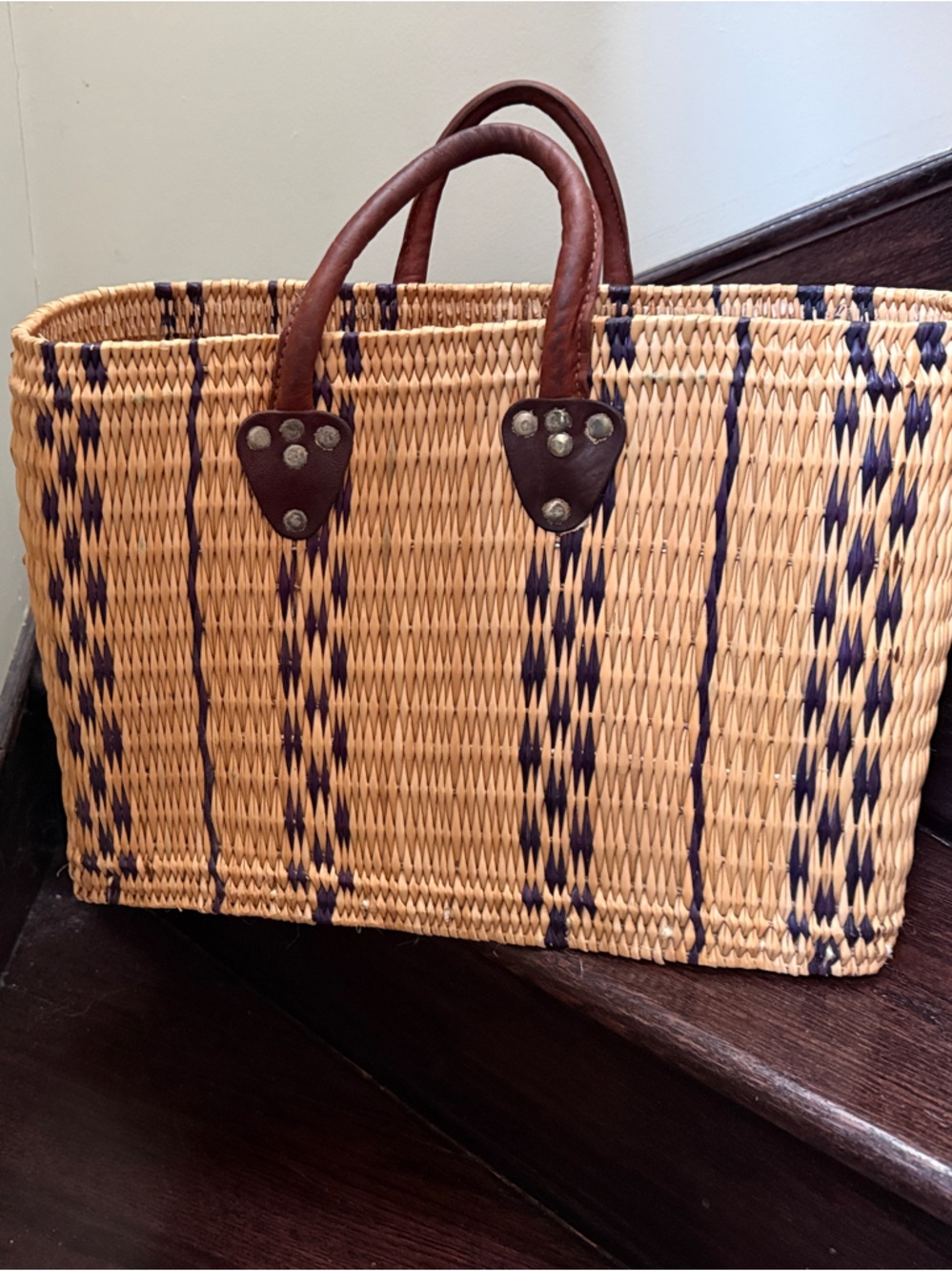NWOT Straw Tote Bag with Brown Leather Handles - Natural/Blue